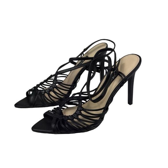 Nwot y2k Nine West black leather lace stappy heels sz 9 - Picture 1 of 5